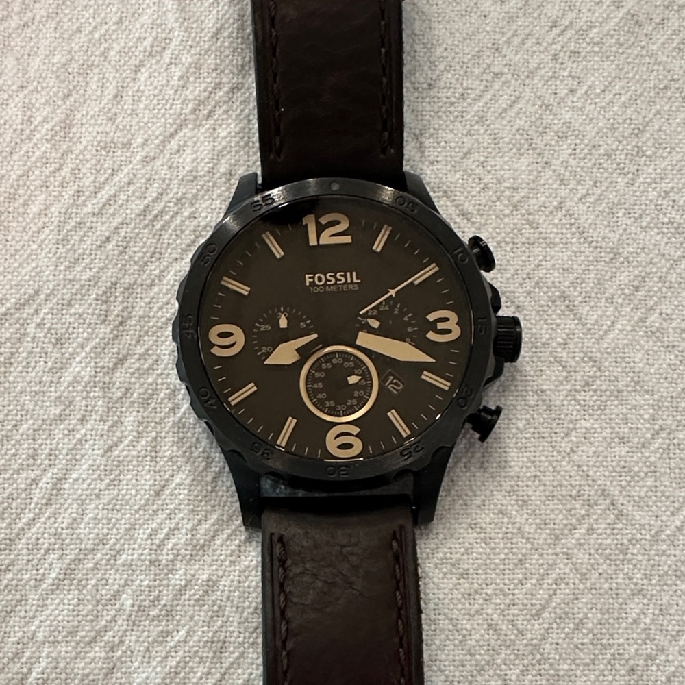 Fossil Nate Chronograph Black and Dark Brown Leather Chronograph Watch